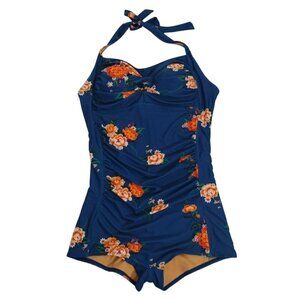 Womens Floral One-Piece Halter Swimsuit XXL Blue & Orange Retro Style.